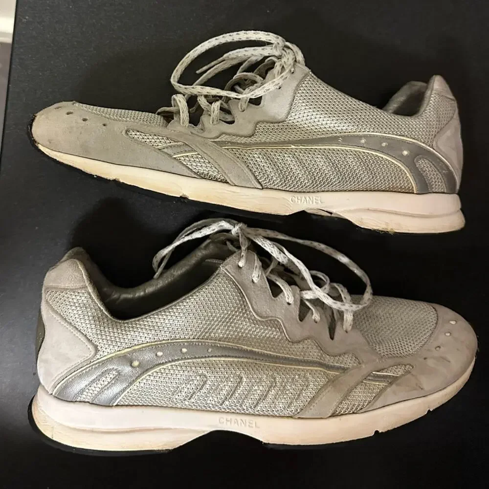 Chanel Training Sneakers Size 37.5 Mesh Shoes Gray Logo Y2K Luxury Designer